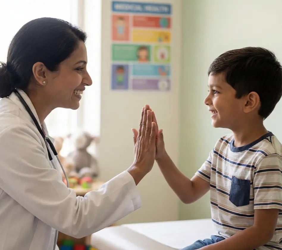 Pediatrician and young child smile while giving each other a high-five.