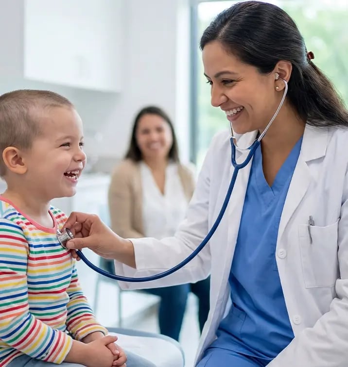 Pediatrician checks a smiling child with a stethoscope during a routine exam.