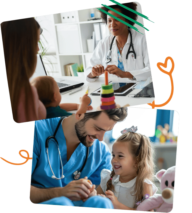 Pediatrician meets with a parent and child, while another doctor smiles and plays with a young patient.