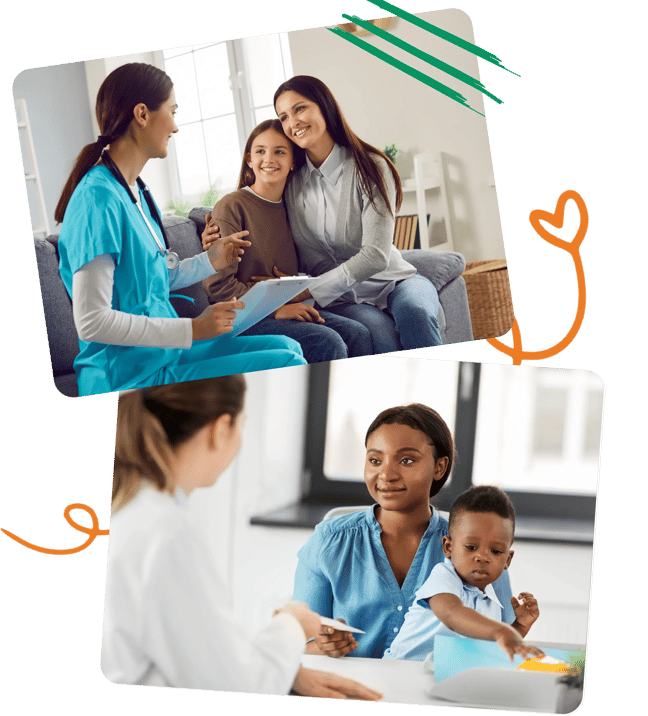Two families meeting with pediatric healthcare providers during office visits.