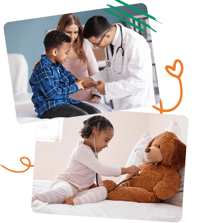 Child receives a doctor’s exam while another child plays doctor with a teddy bear.